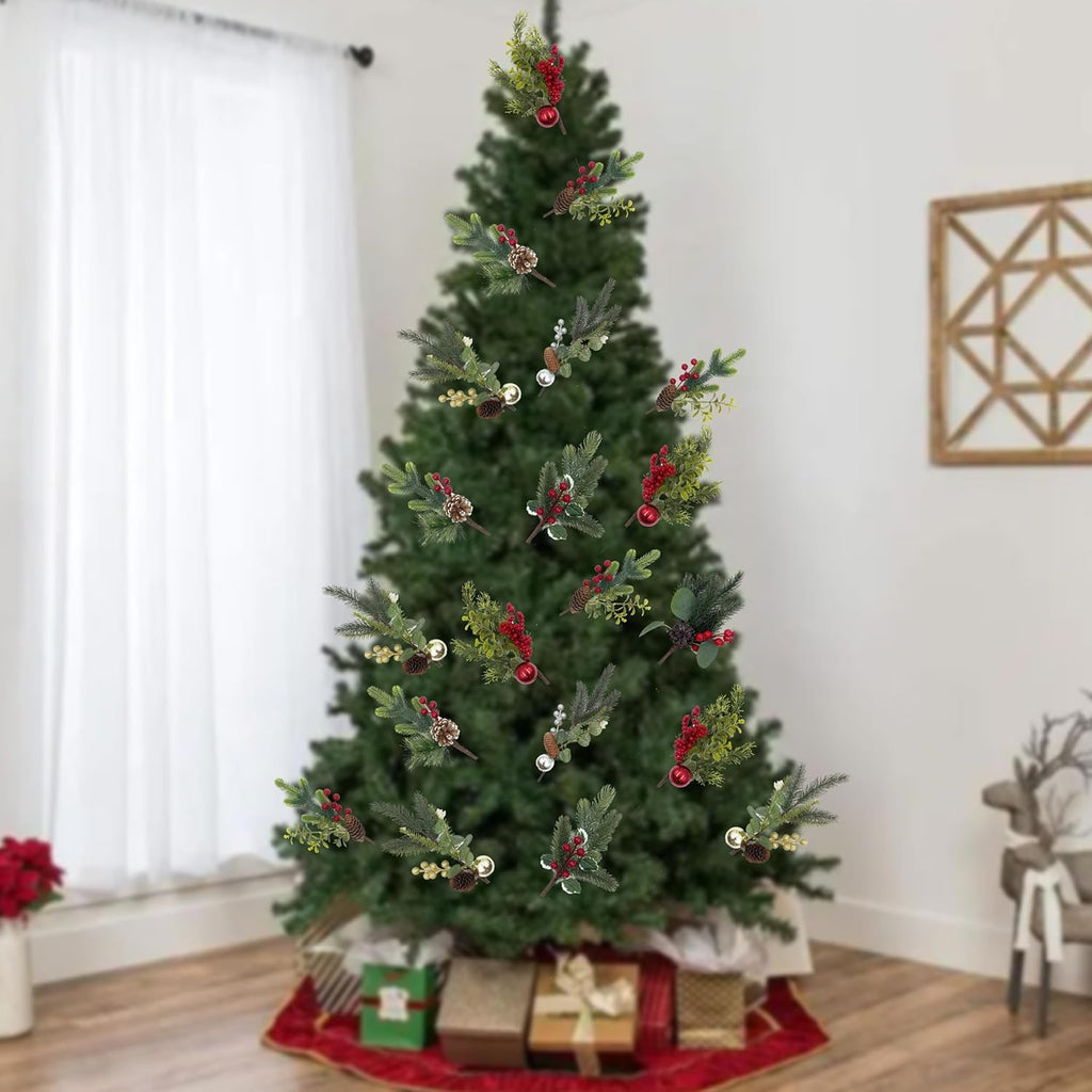 10 Pack Christmas Tree Picks with Gold Slive Ornaments,12-15Inch Red Derry Stems with Pinecone for Floral Arrangements DIY Crafts