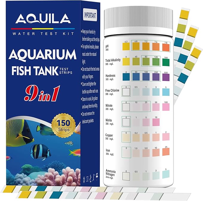 Aquarium Water Test Kit 9-in-1, Aquarium Ammonia Test Strips for Fish Tanks and Ponds, 150 Strips Testing pH Total Alkalinity Hardness Chlorine Nitrite Sulfate Copper Iron for Fresh and Salt Water