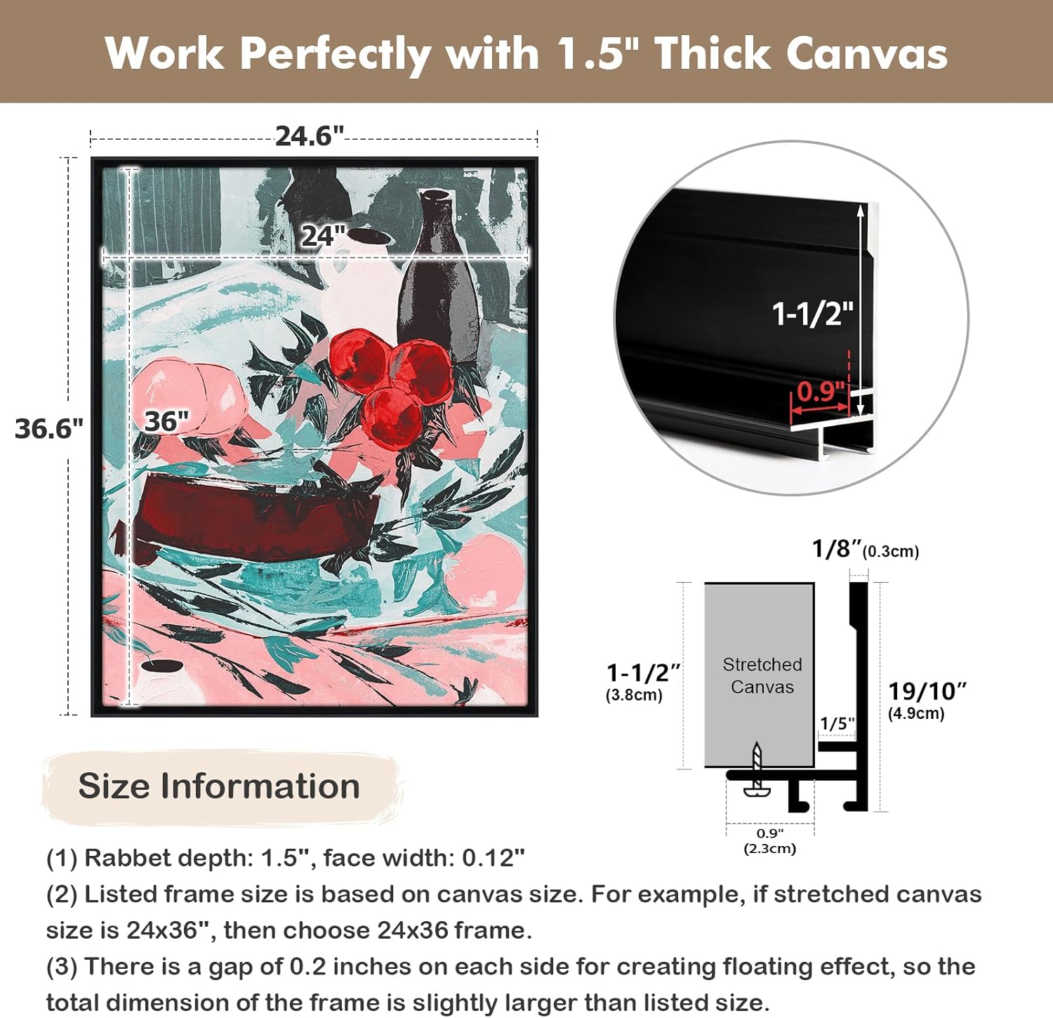 1.5” Deep Frame for 12x36 Canvas Paintings, DIY Metal Floating Frame for Artists Designers Landscape Portrait Artwork, Modern Home Office Wall Decor (Black)