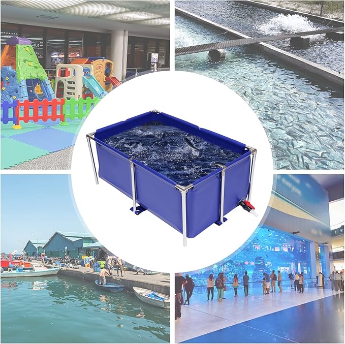 Canvas Fish Pond Blue Cube Canvas Pond Fish Show Tank with Stainless Steel Tubes Collapsible Storage Tank, Ornamental Aquarium Swimming Pool with Drain Blue Aquarium Pool