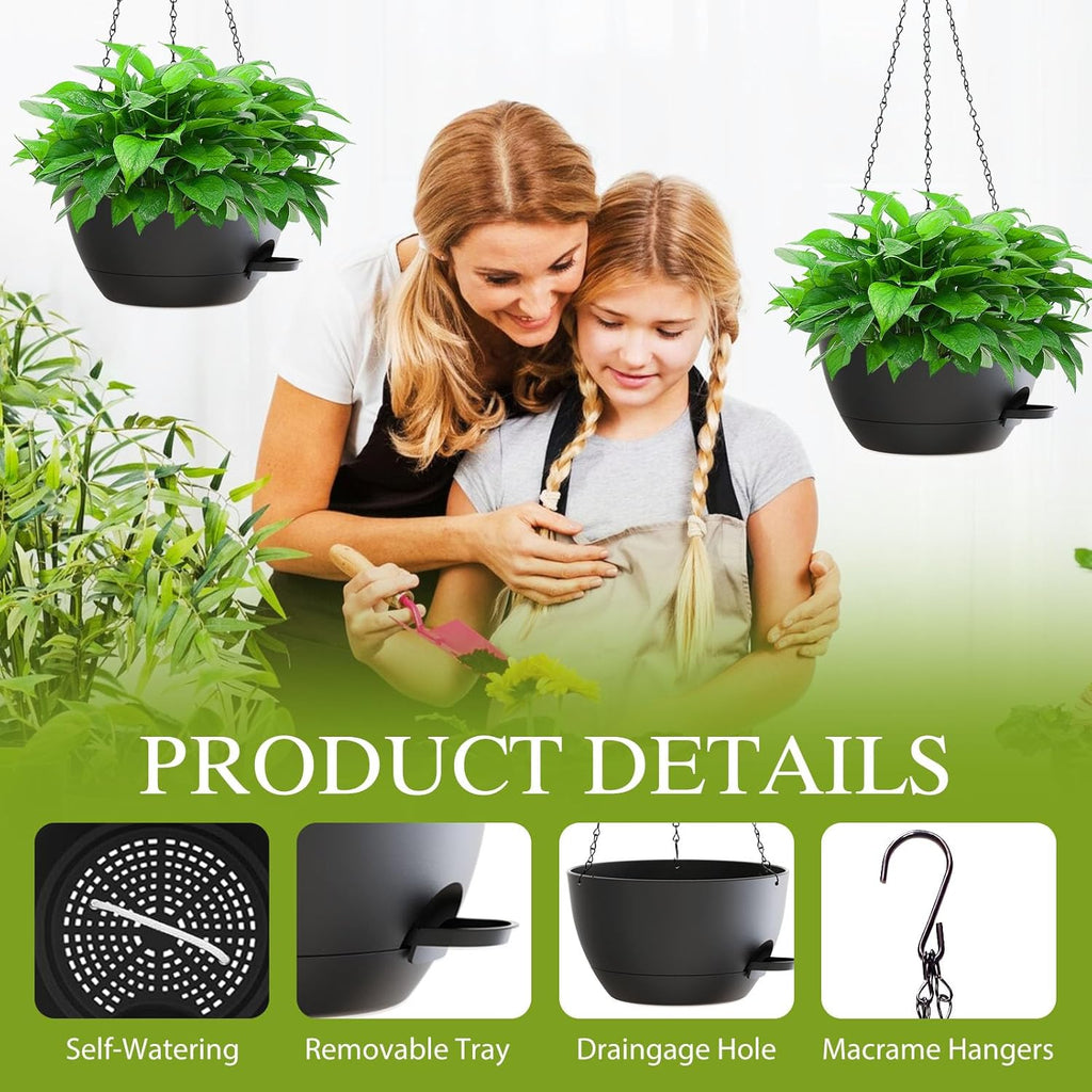 10 Inch Hanging Baskets 2 PC with Chains, Self-Watering Hanging Planters for Indoor Outdoor Plants, Plastic Hanging Flower Pots,Black