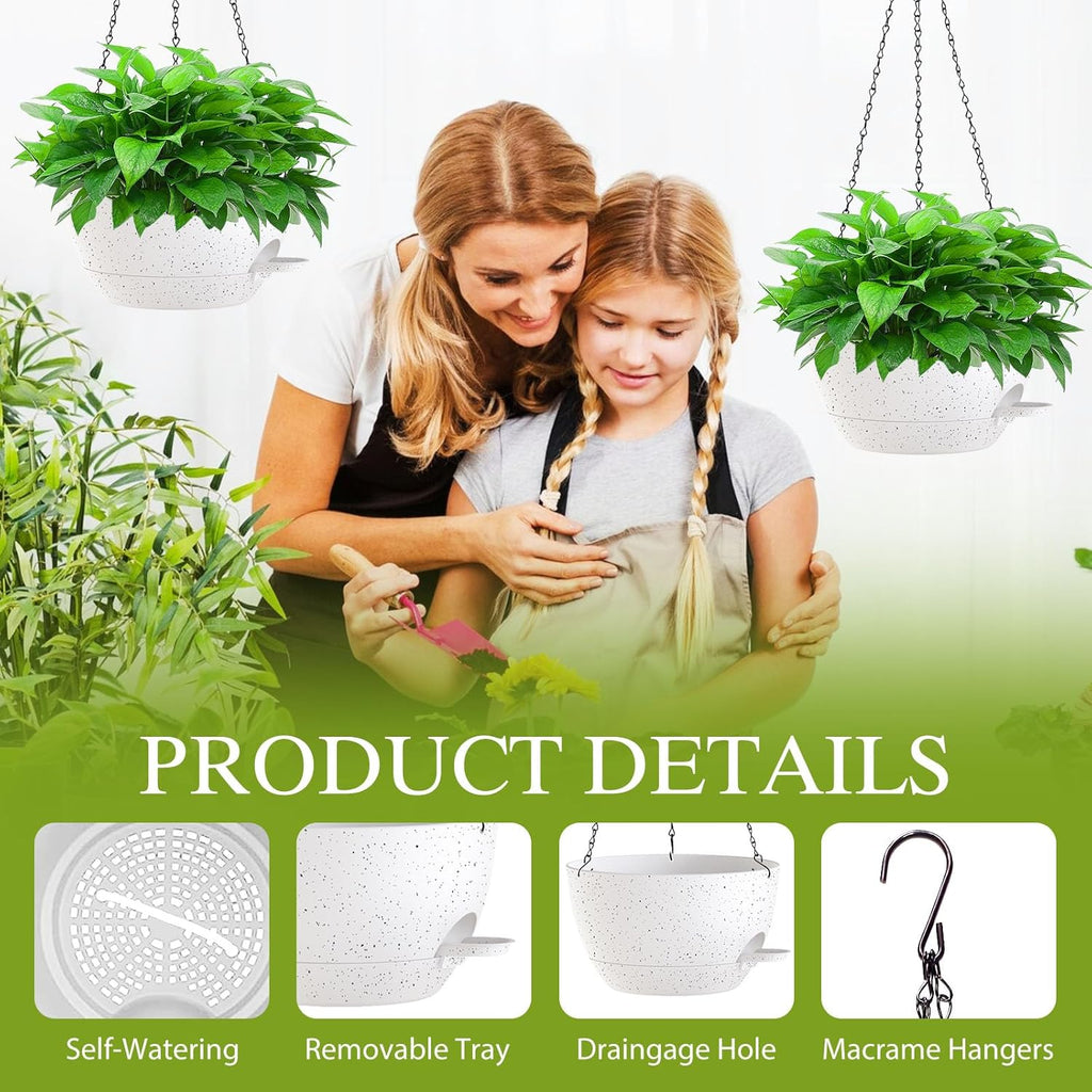 10 Inch Hanging Baskets 2 PC with Chains, Self-Watering Hanging Planters for Indoor Outdoor Plants, Plastic Hanging Flower Pots,Speckled White