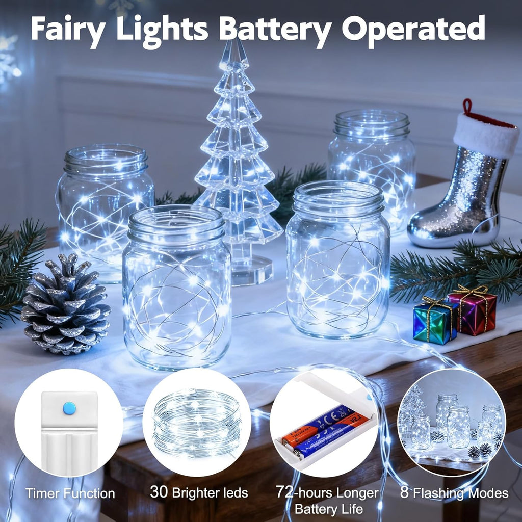 10 Pack Fairy Lights Battery Operated with Timer, 10 Ft 30 LED String Lights Indoor Outdoor, 8 Modes Waterproof Twinkle Lights for Bedroom DIY Crafts Home Party Wedding Christmas Decor, Cool White