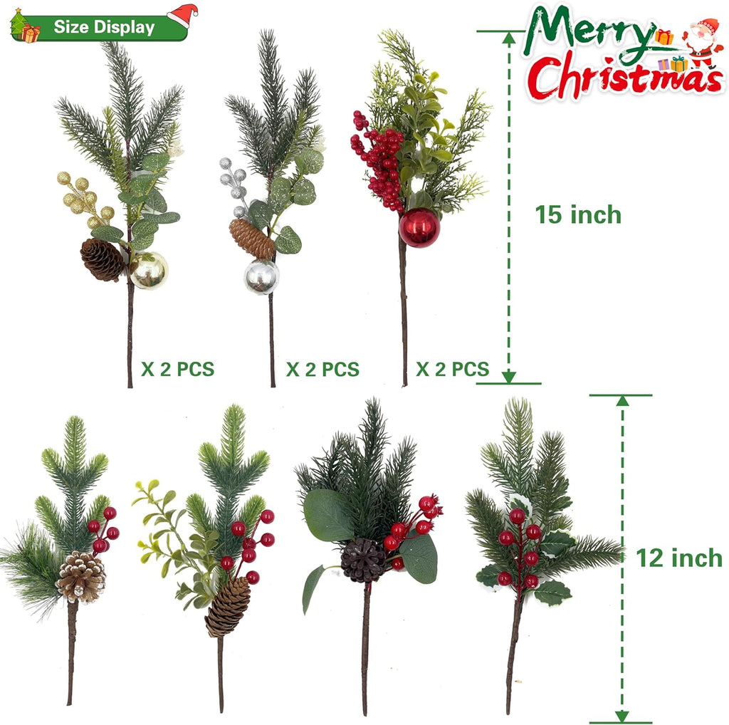 10 Pack Christmas Tree Picks with Gold Slive Ornaments,12-15Inch Red Derry Stems with Pinecone for Floral Arrangements DIY Crafts