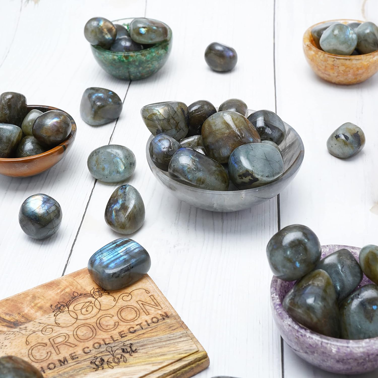 "Crocon 1LB Labradorite Tumbled Stones and Crystals Bulk 2000+ Carats, Polished Stones - Rock Collection - vase Filler tumbles Crystals Healing Reiki - Gemstone Gifts, Fountain tumbles Size 20 mm"