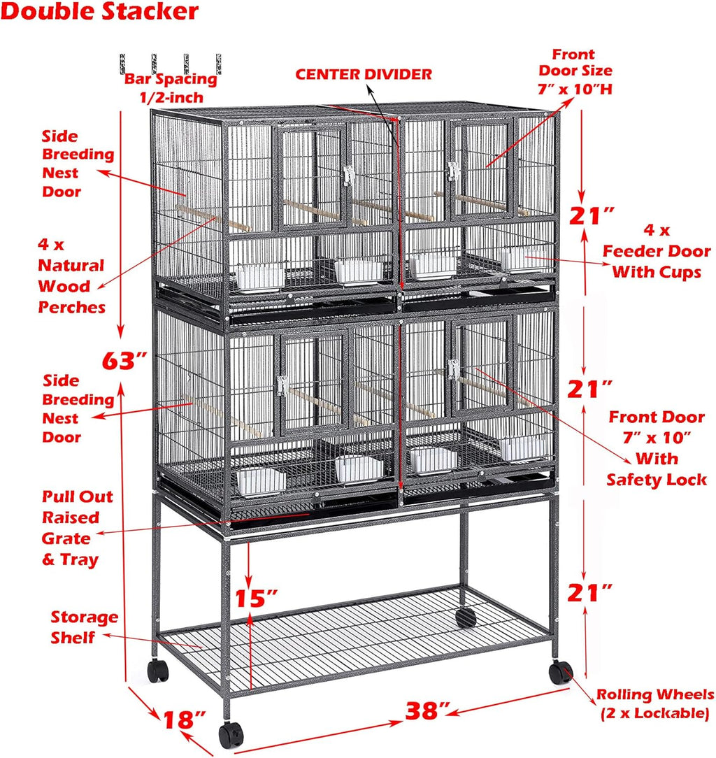 1/2/3-Combo Stacker Center Divided Breeder Breeding Bird Flight Double Rolling Cage Side Nesting Box Doors for Aviaries Canaries Cockatiels Lovebirds Finches Budgies Small Parrots