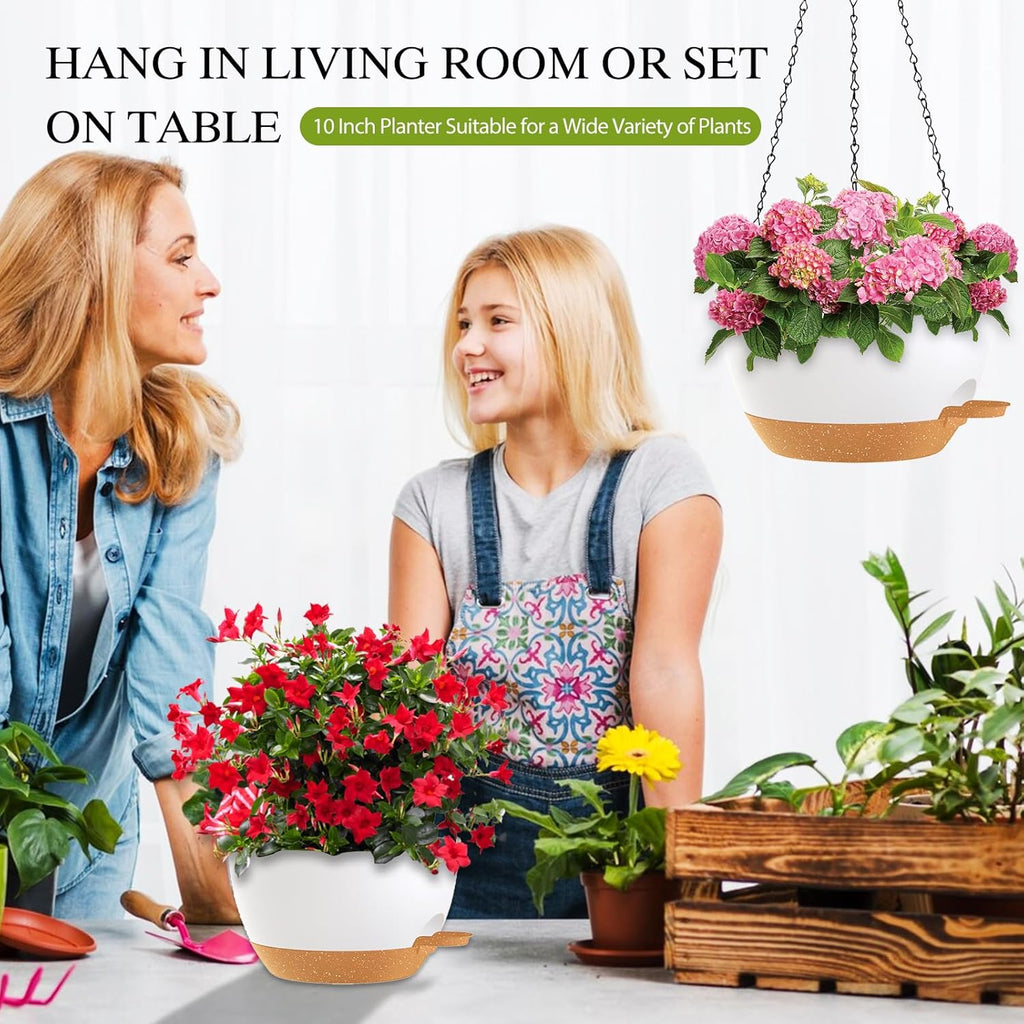 10 Inch Hanging Baskets 2 PC with Chains, Self-Watering Hanging Planters for Indoor Outdoor Plants, Plastic Hanging Flower Pots,White Brown