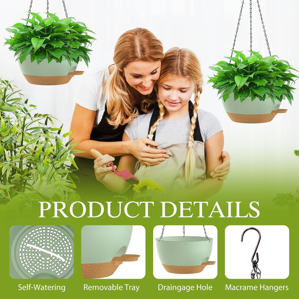 10 Inch Hanging Baskets 2 PC with Chains, Self-Watering Hanging Planters for Indoor Outdoor Plants, Plastic Hanging Flower Pots,Green Brown