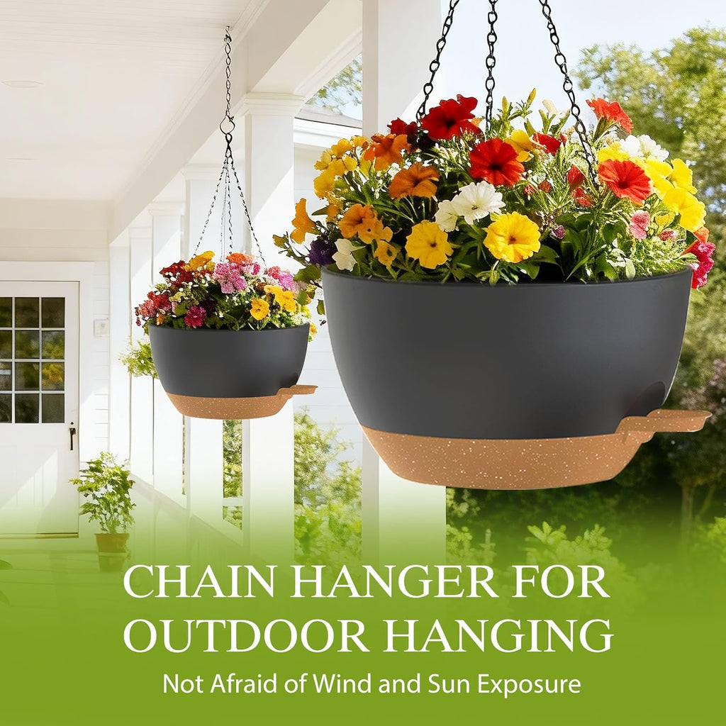 10 Inch Hanging Baskets 2 PC with Chains, Self-Watering Hanging Planters for Indoor Outdoor Plants, Plastic Hanging Flower Pots,Black Brown