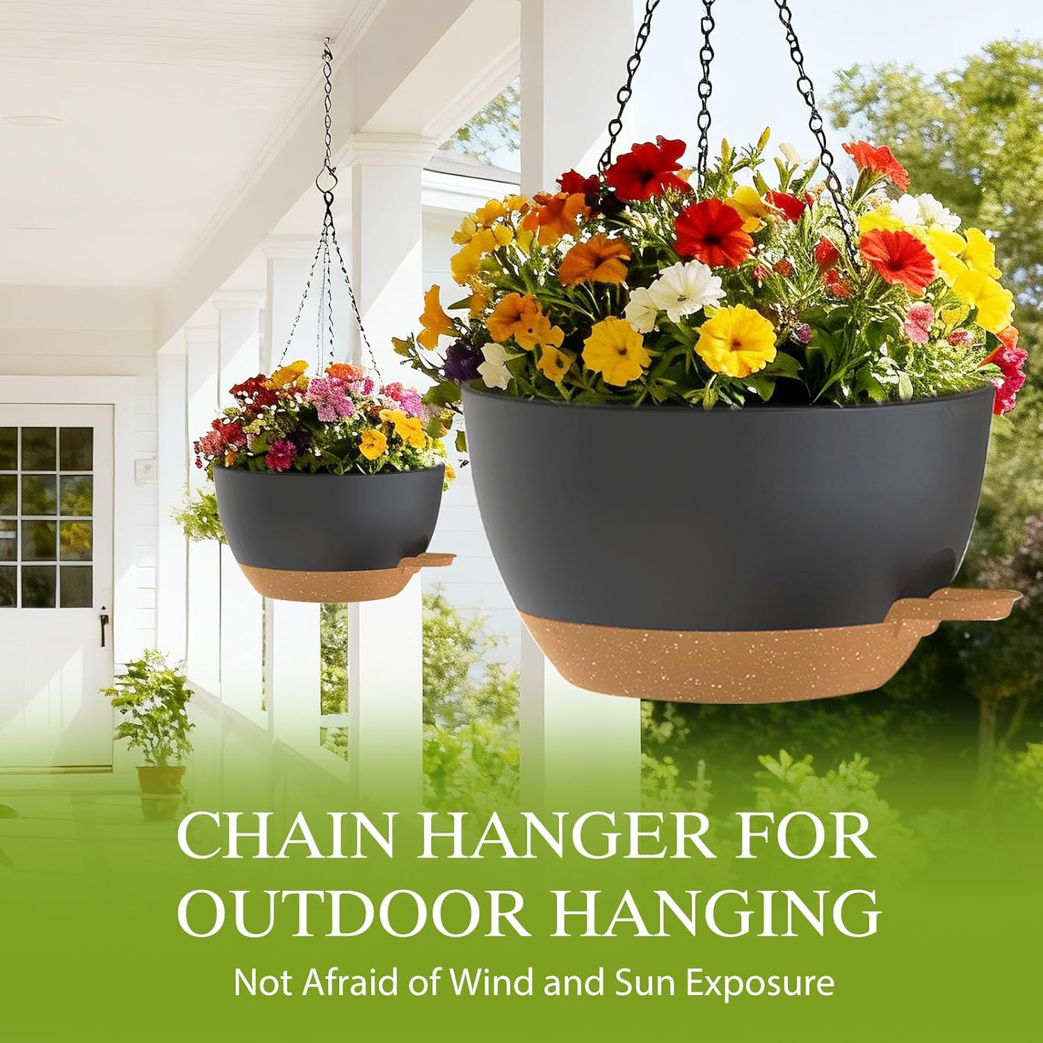 10 Inch Hanging Baskets 2 PC with Chains, Self-Watering Hanging Planters for Indoor Outdoor Plants, Plastic Hanging Flower Pots,Black Brown