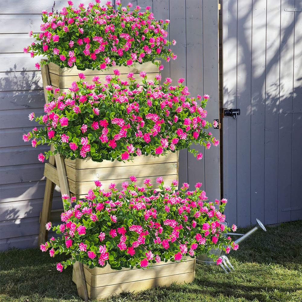 10 Bundles Artificial Fake Flowers, Faux Outdoor Plastic Plants UV Resistant Shrubs Outside Indoor Decorations (Pink-Eucalyptus)