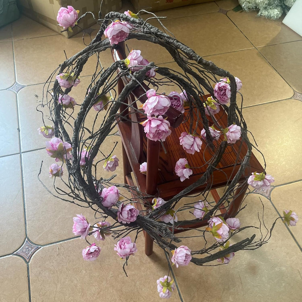 (2pcs) Flexible 118 inch Large Flexible Artificial Tree Fall Vines Twine Wood Branches with Peony Flowers Garland Twig Reptile Climbing Fake Plants for Wedding Arch Christmas Wall Door Hanging