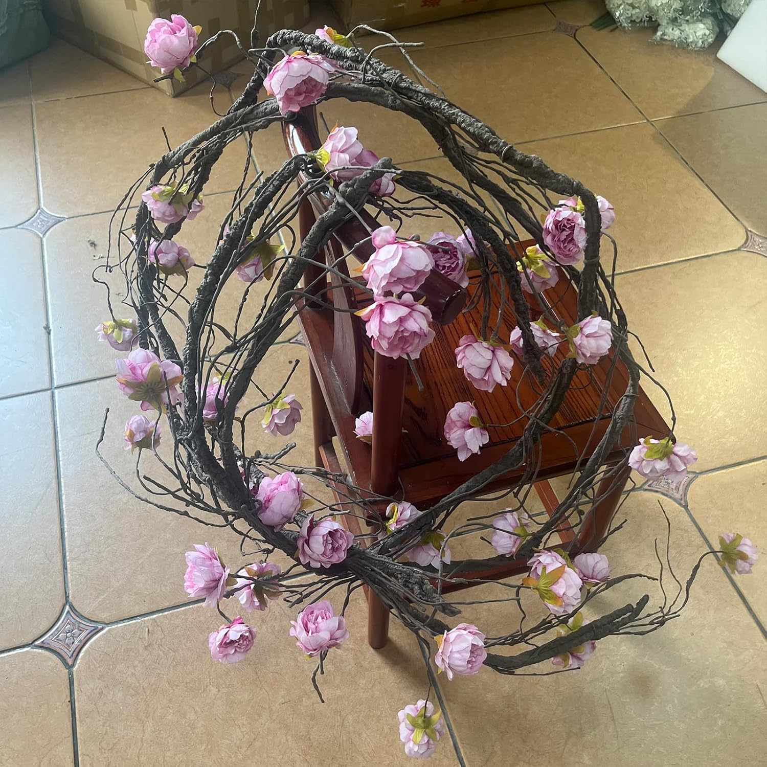 (2pcs) Flexible 118 inch Large Flexible Artificial Tree Fall Vines Twine Wood Branches with Peony Flowers Garland Twig Reptile Climbing Fake Plants for Wedding Arch Christmas Wall Door Hanging