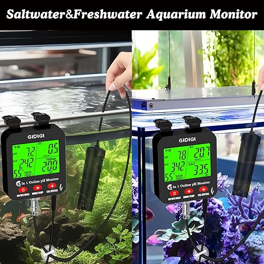 WiFi pH Salt Monitor Smart Water Quality Hydroponic pH EC Meter Digital pH TDS Salt EC Salt ORP Tester with Calibration Solution Kits for Fish Tank Salinity Tester for Saltwater Aquarium