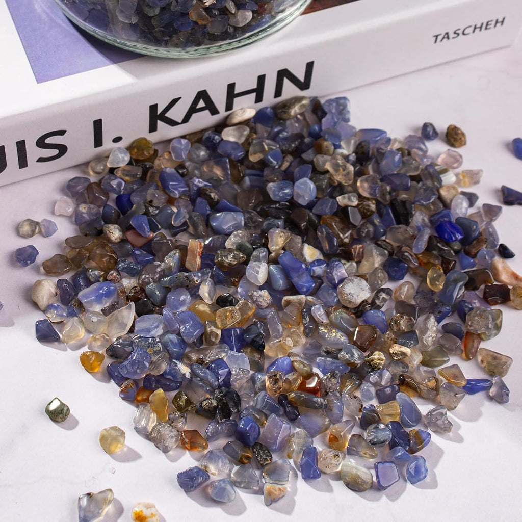 0.5 Lb/230g Blue Agate Crushed Stone Tumbled Chips Bulk, Natural Polished Aquarium Gravel Rocks Crystals Stones Decorative Fish Tank Pebbles Vase Filler - 5-7mm