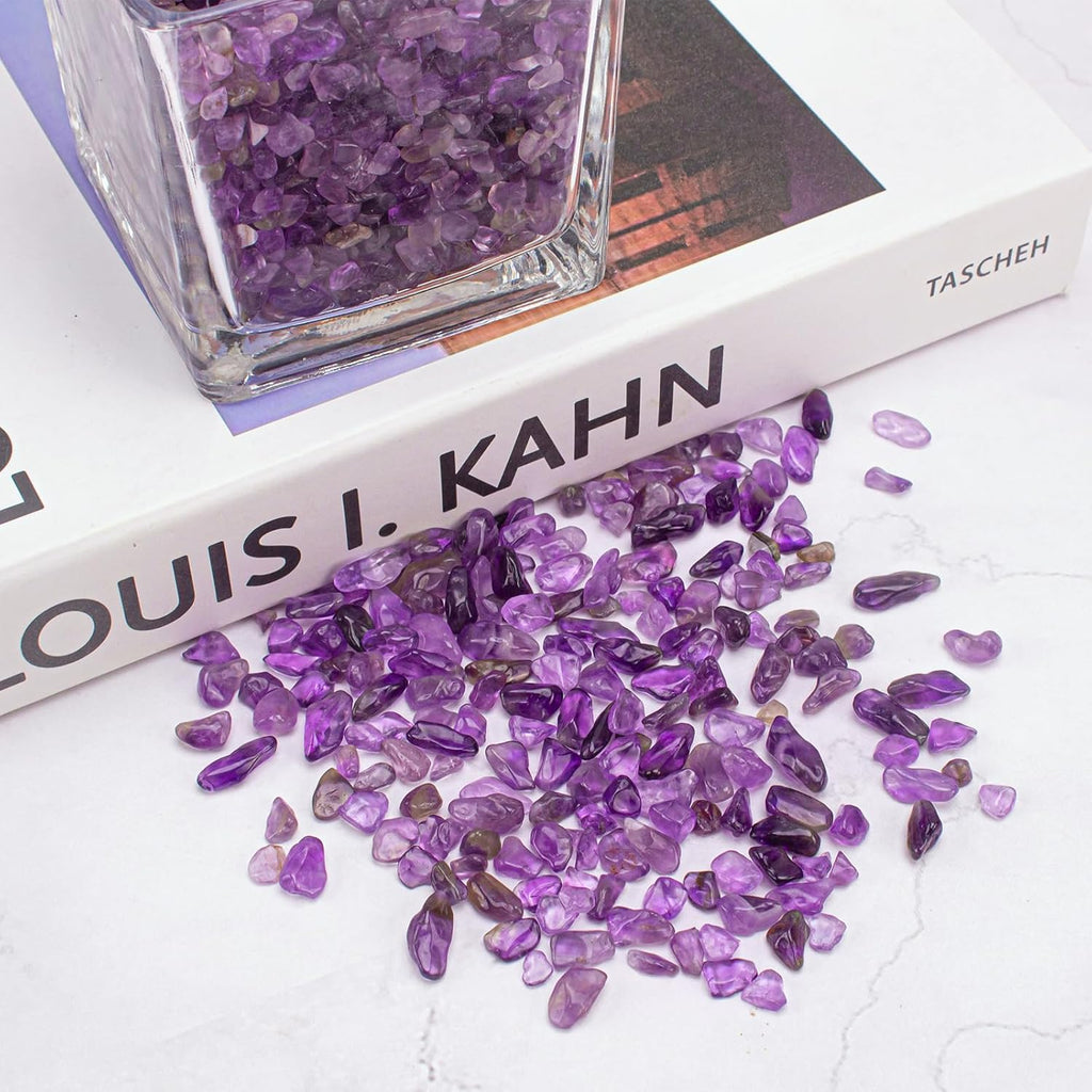 0.5 Lb/230g Amethyst Quartz Crystal Chips Bulk, Purple Crushed Stones Natural Gemstones Healing Reiki Crystals Mini Quartz Vase Filler Aquarium Gravel Rocks, 5-7mm