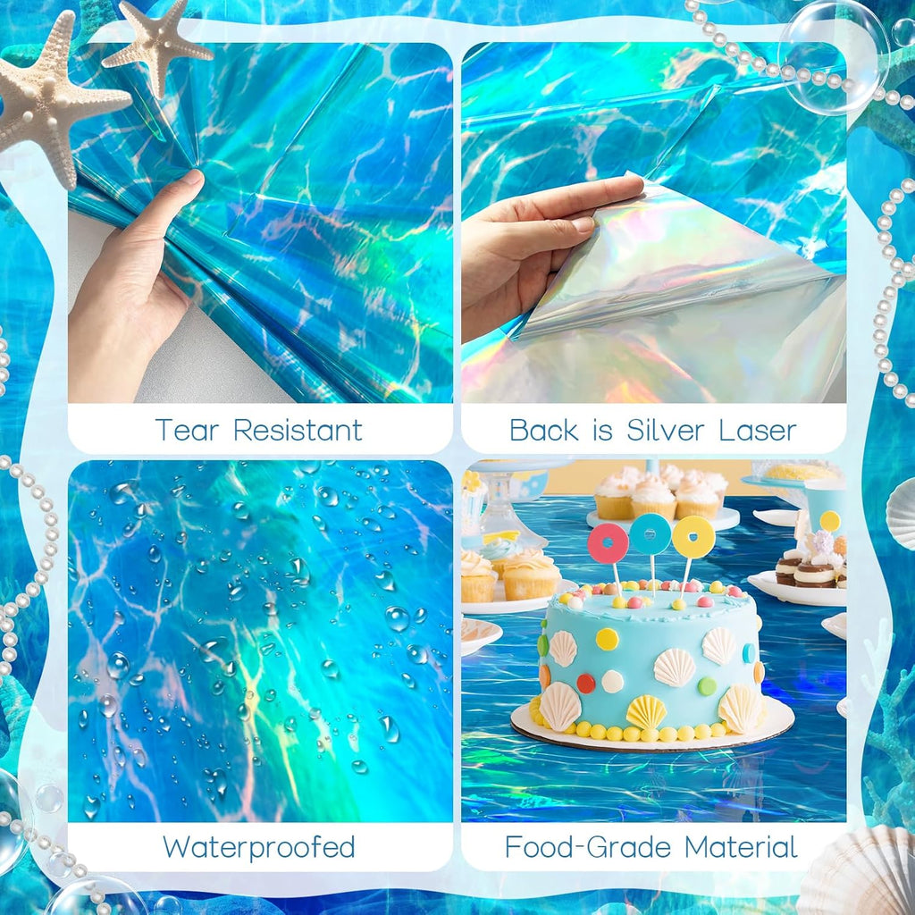 1 Pack Ocean Waves Holography Tablecloth, 54 x 108” Blue Sea Design, Waterproof Disposable Plastic Table Cover for Beach, Pool, Under The Sea, and Birthday Party Decorations
