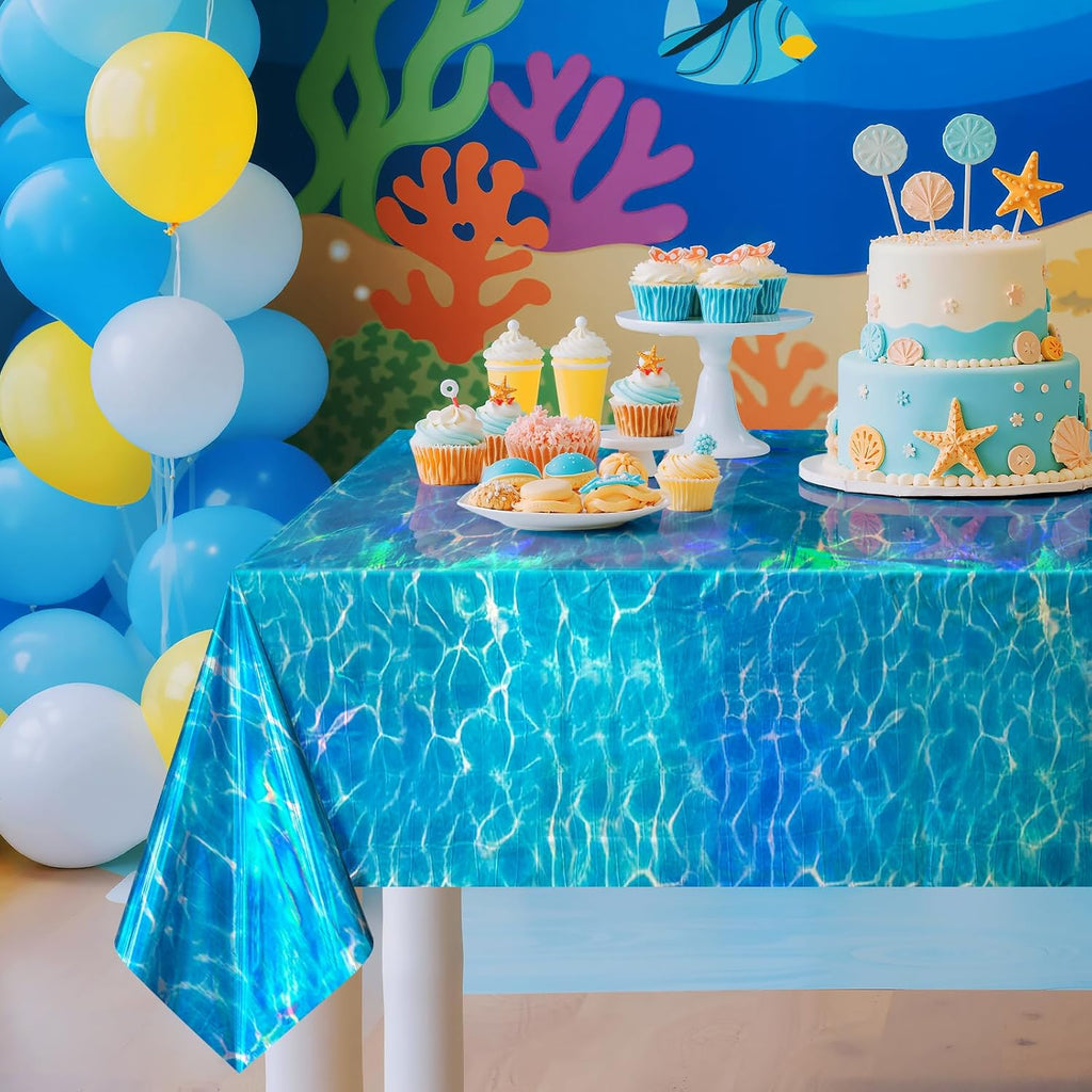1 Pack Ocean Waves Holography Tablecloth, 54 x 108” Blue Sea Design, Waterproof Disposable Plastic Table Cover for Beach, Pool, Under The Sea, and Birthday Party Decorations