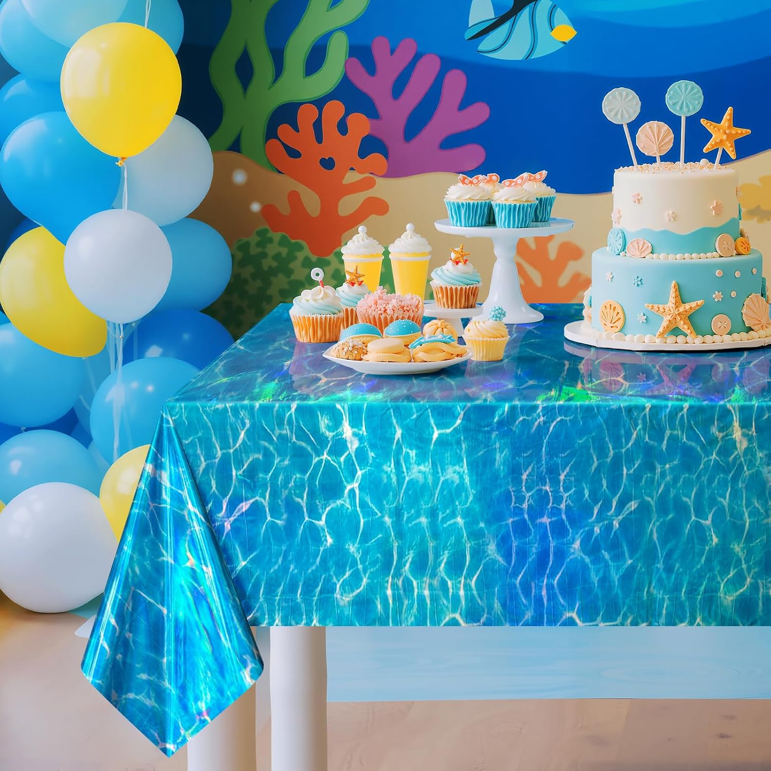 1 Pack Ocean Waves Holography Tablecloth, 54 x 108” Blue Sea Design, Waterproof Disposable Plastic Table Cover for Beach, Pool, Under The Sea, and Birthday Party Decorations