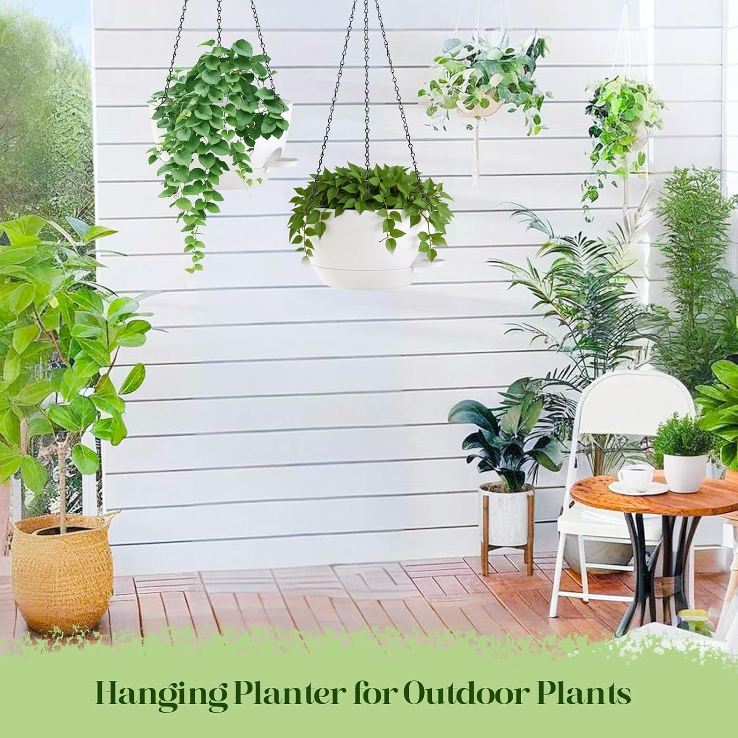10 Inch Hanging Planters with Chains 2 Pack Self Watering White Plastic Hanging Pots for Indoor Outdoor Plants, Garden Porch Home Decor (White)