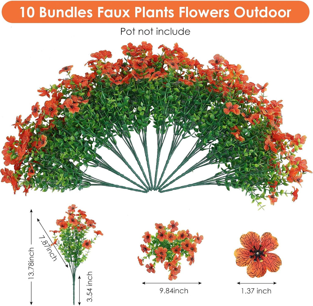 10 Bundles Artificial Faux Flowers for Outdoor,10Pcs Fake Flowers for Home Decor,Plastic Flowers Shrubs Lifelike Artificial Greenery Home Porch Stems Outside Deco(Orange)