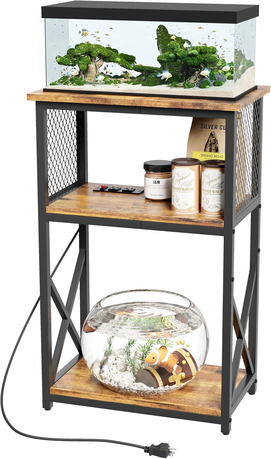 10 Gallon Fish Tank Stand with Power Outlet, 3 Tier Aquarium Stand with Shelf, Turtle/Reptile Tank Stand for Home Office,Adjustable Boards, 20.47''L×11.42''W×30.91''H, Retro Brown