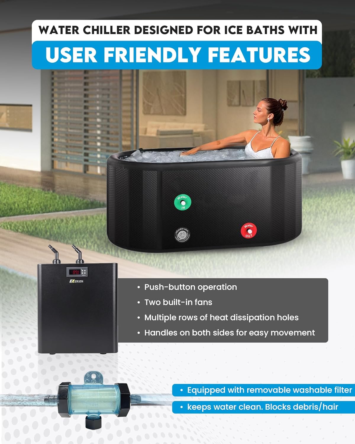 Ice Bath Water Chiller 1/3HP 79gal for Ice Bath Tubs Universal Chiller for Ice Bath with 2 Pumps and Filter Recovery Chiller for Ice Bath and Cold Plunges for Home and Outdoors Use