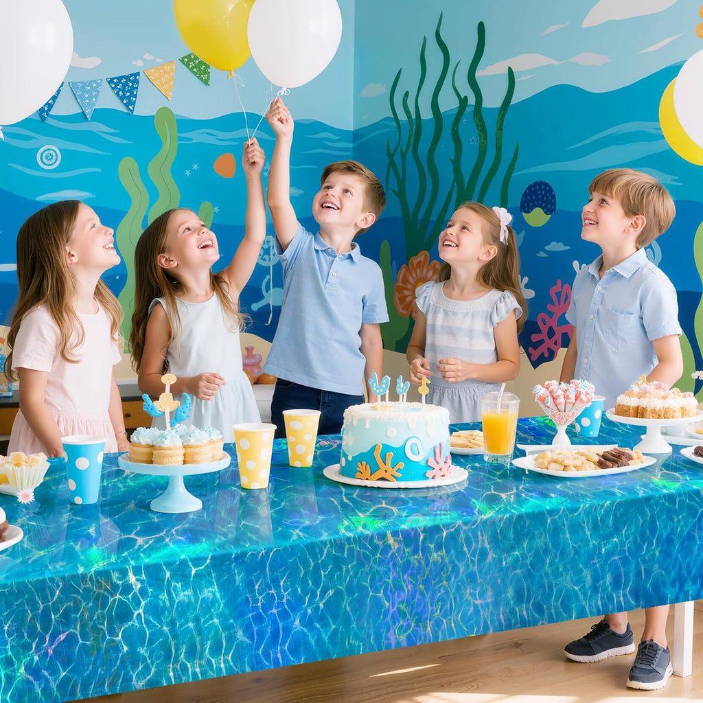 1 Pack Ocean Waves Holography Tablecloth, 54 x 108” Blue Sea Design, Waterproof Disposable Plastic Table Cover for Beach, Pool, Under The Sea, and Birthday Party Decorations