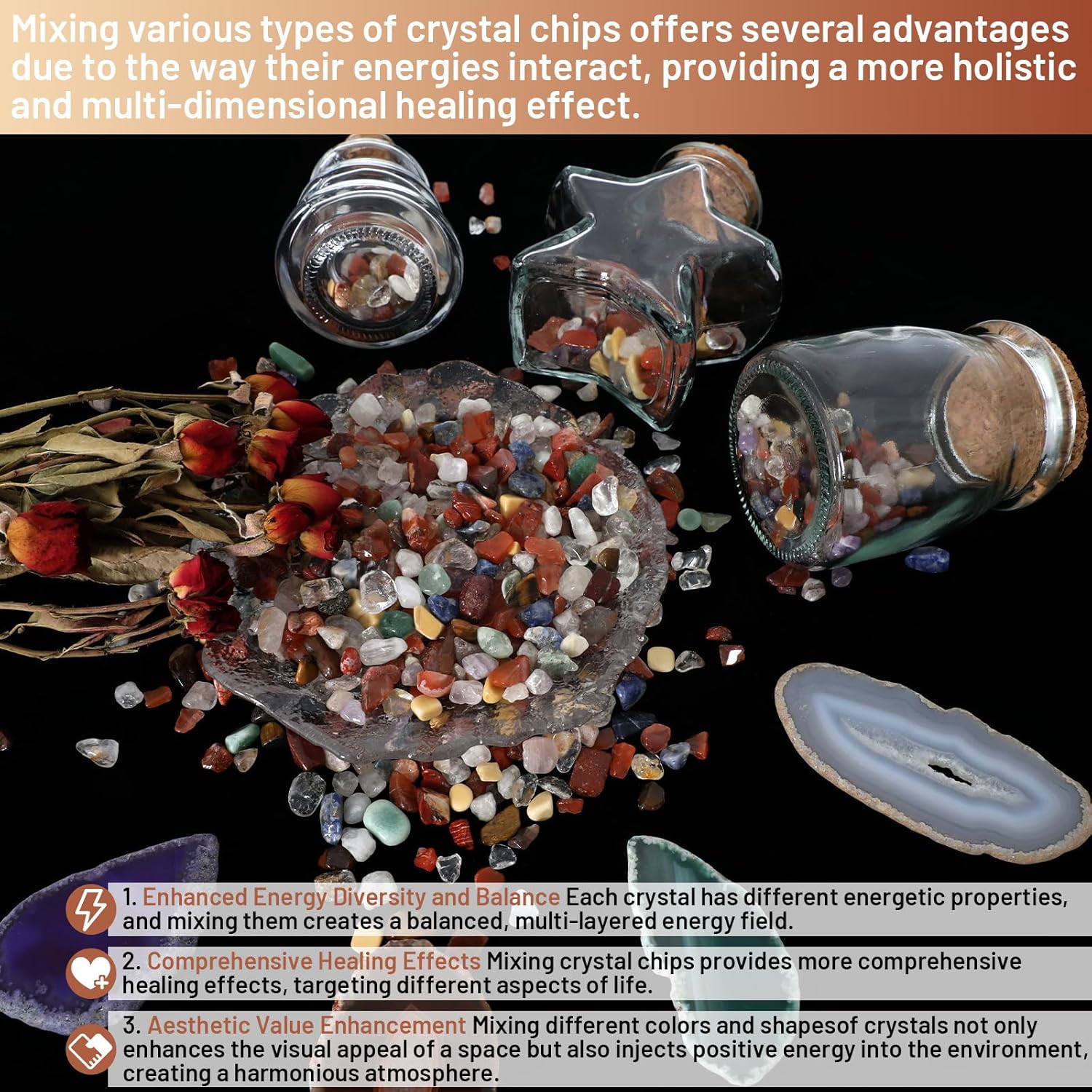 1.1lb Natural Mixed Crystal Chips Stones- Crushed Healing Crystal Gemstones for Witchcraft, Decorative Rocks for Aquarium Fish Tank, Vase Filler, DIY Crafts, Beautiful Package for Gift.