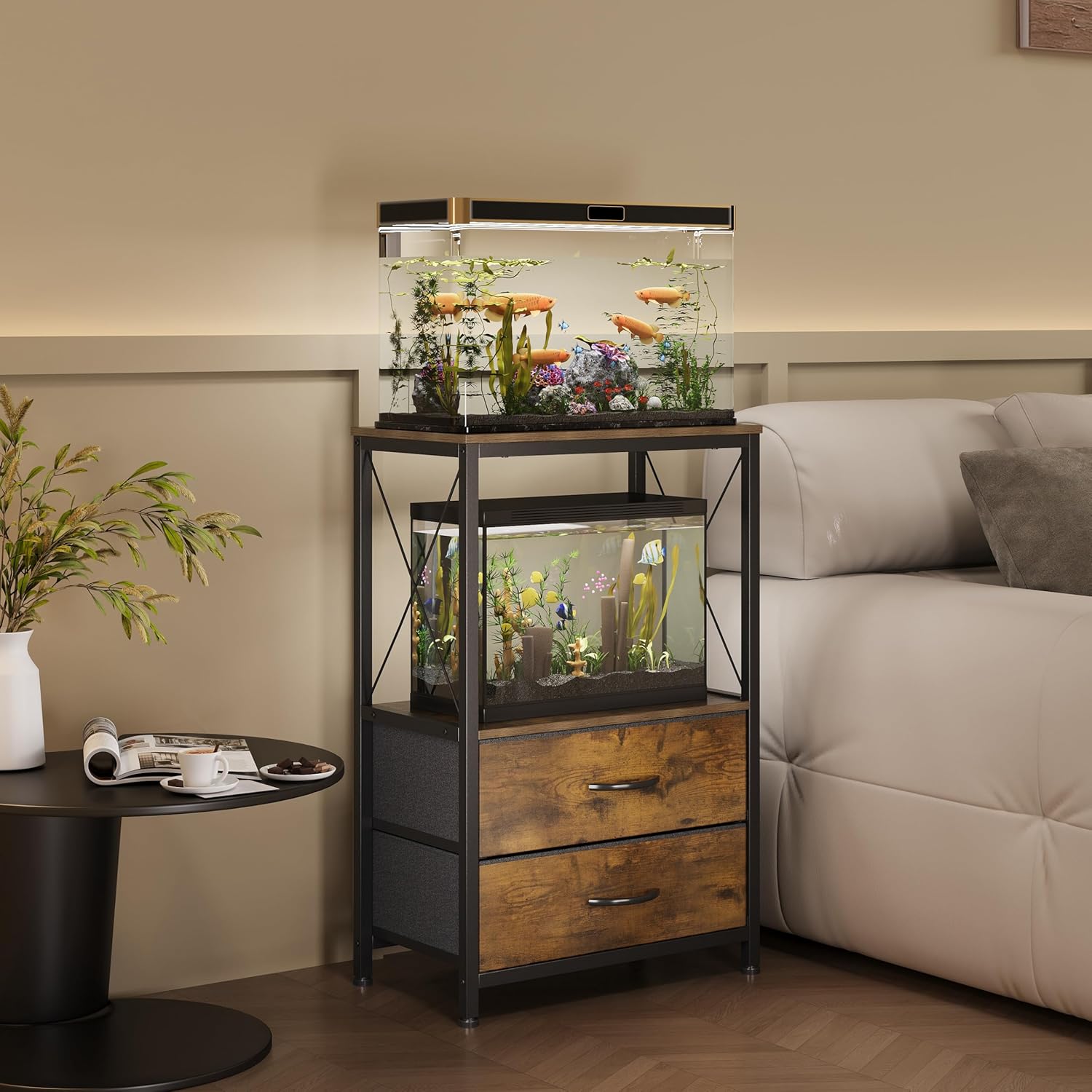 10 Gallon Aquarium Stand with 2-Tier Shelf Fish Tanks Stand with 2 Drawers Metal Frame Heavy Duty Reptile TurtleTank Stand with Storage for Home Offic Fish Tank Accessories Storage, Brown