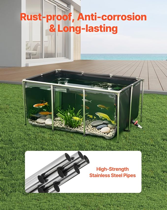 VEVOR Canvas Fish Pond, 270 Gal Above Ground Fish Pond, PVC Koi Tank with Clear Viewing Panel, Rectangular Goldfish Tank with Stainless Steel Frame & Drain Valve, for Breeding Koi, Irrigation(Black)