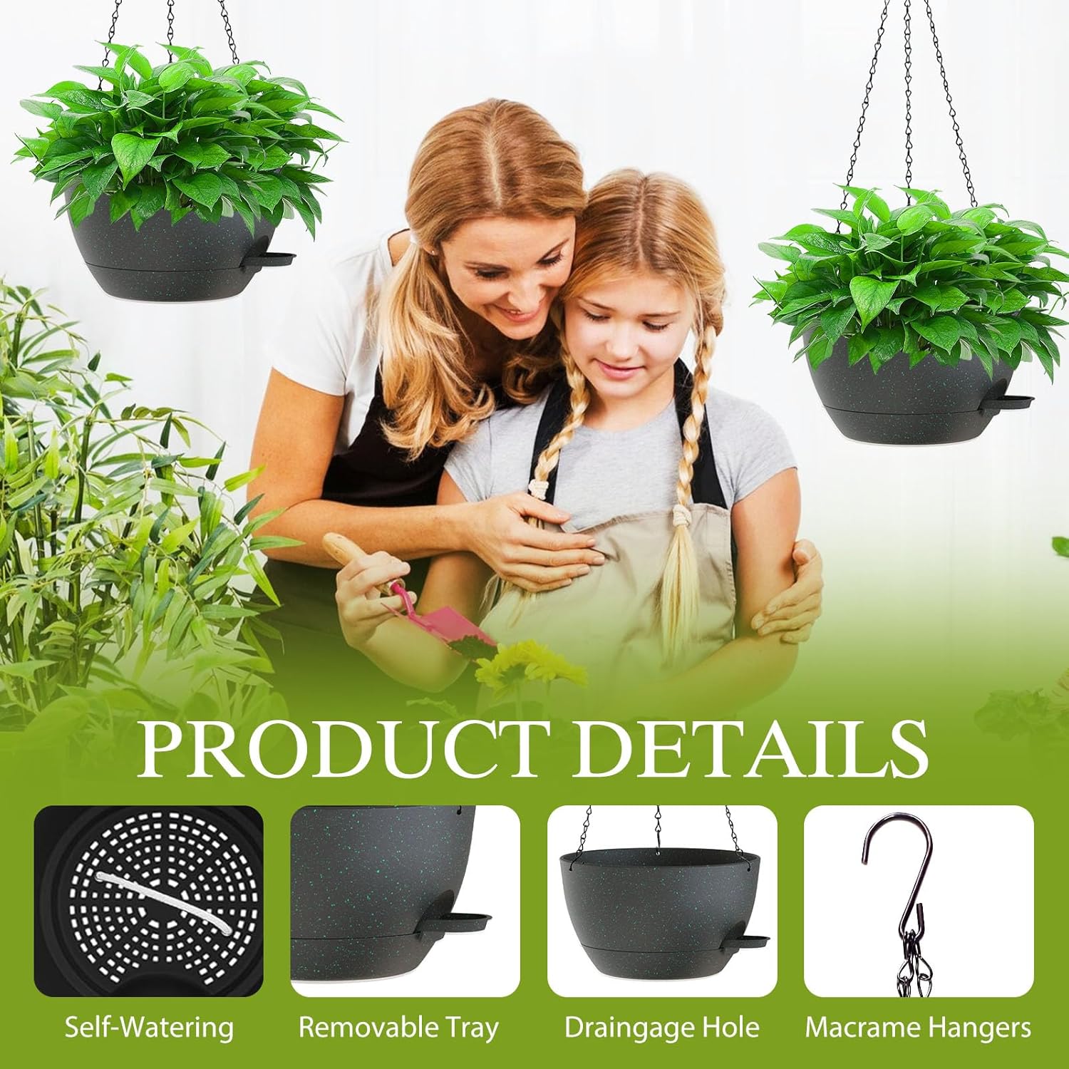 10 Inch Hanging Baskets 2 PC with Chains, Self-Watering Hanging Planters for Indoor Outdoor Plants, Plastic Hanging Flower Pots,Black with Green Speckles