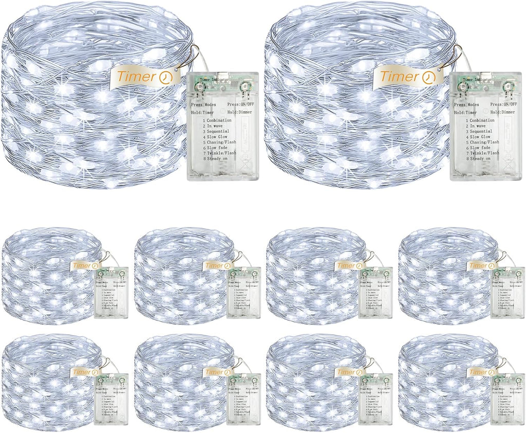 10 Pack 16FT 50 LED Fairy Lights Battery Operated with Timer, 8 Modes USB Mini Twinkle Light, Small String Lights for Christmas Tree Wreath Vase Bedroom DIY Wedding Decorations-Cold White