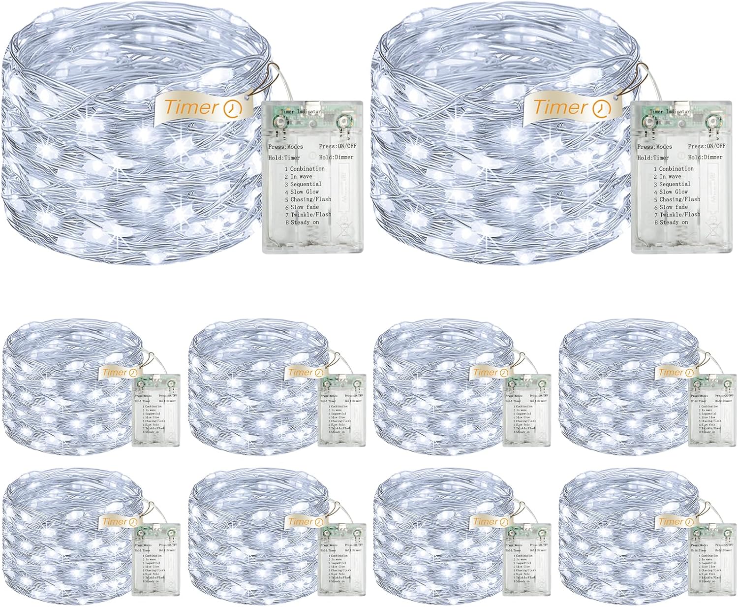 10 Pack 16FT 50 LED Fairy Lights Battery Operated with Timer, 8 Modes USB Mini Twinkle Light, Small String Lights for Christmas Tree Wreath Vase Bedroom DIY Wedding Decorations-Cold White