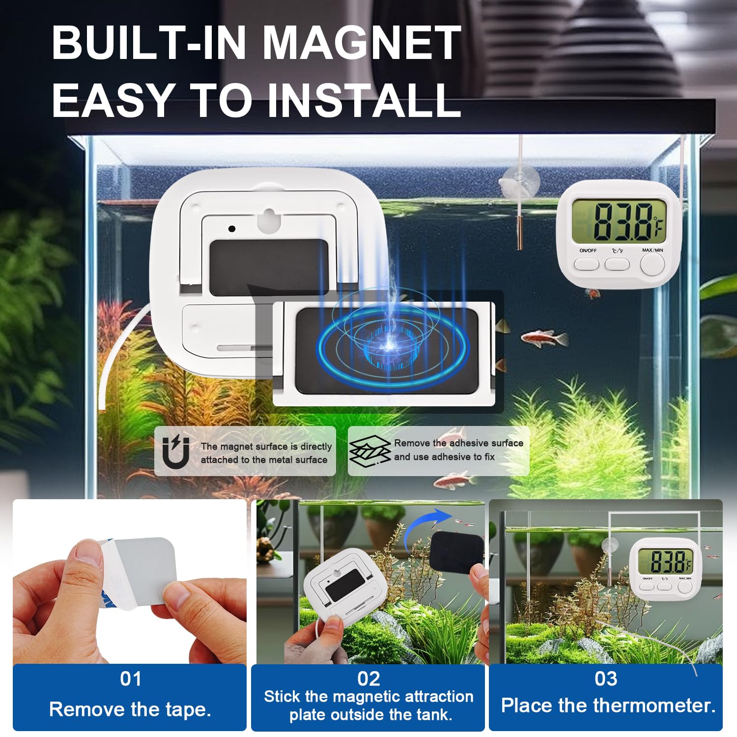 Digital Aquarium Water Thermometer with Large LCD Screen, Measurement Range -58℉ to 572℉, Display ±1℉/±0.5℃, Fish Tank Decoration Accessories, Idea for Reptile, Aquatic, Tub, Refrigerator and Freezer