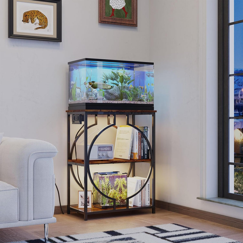 10 Gallon Aquarium Stand with Power Outlet, 3 Tier Heavy Duty Metal Fish Tank Stand with Storage, Fish Tank Table for Home Office, 21.3" x 11.8" x 29", Rustic Brown
