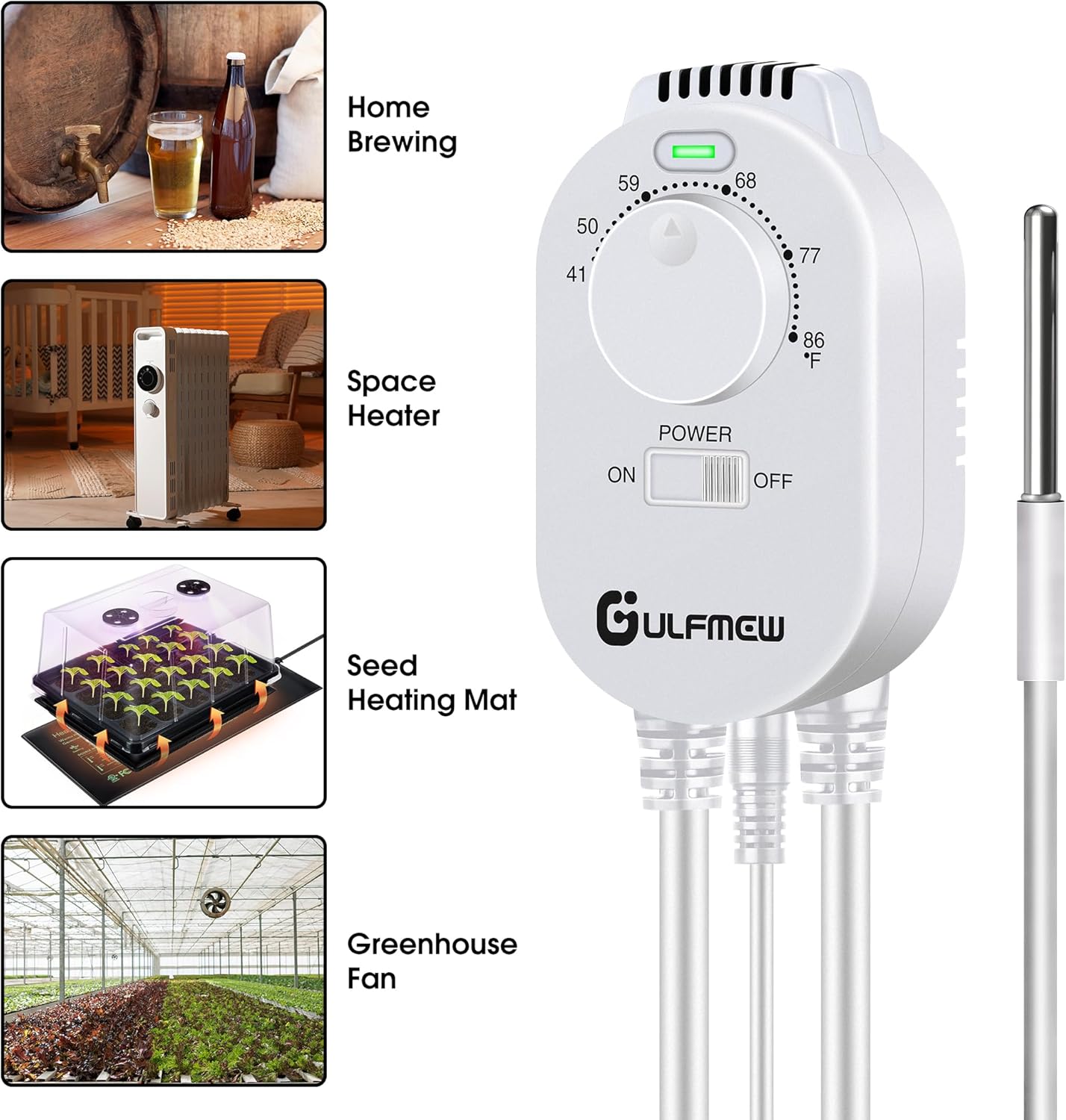 1 Pcs Thermostat Outlet for Heater, Temperature Controller Outlet with 4.9FT Power Cord, Heating and Cooling Thermostat Outlet with Temperature Probe for Space Heater, Greenhouse Fan (White)