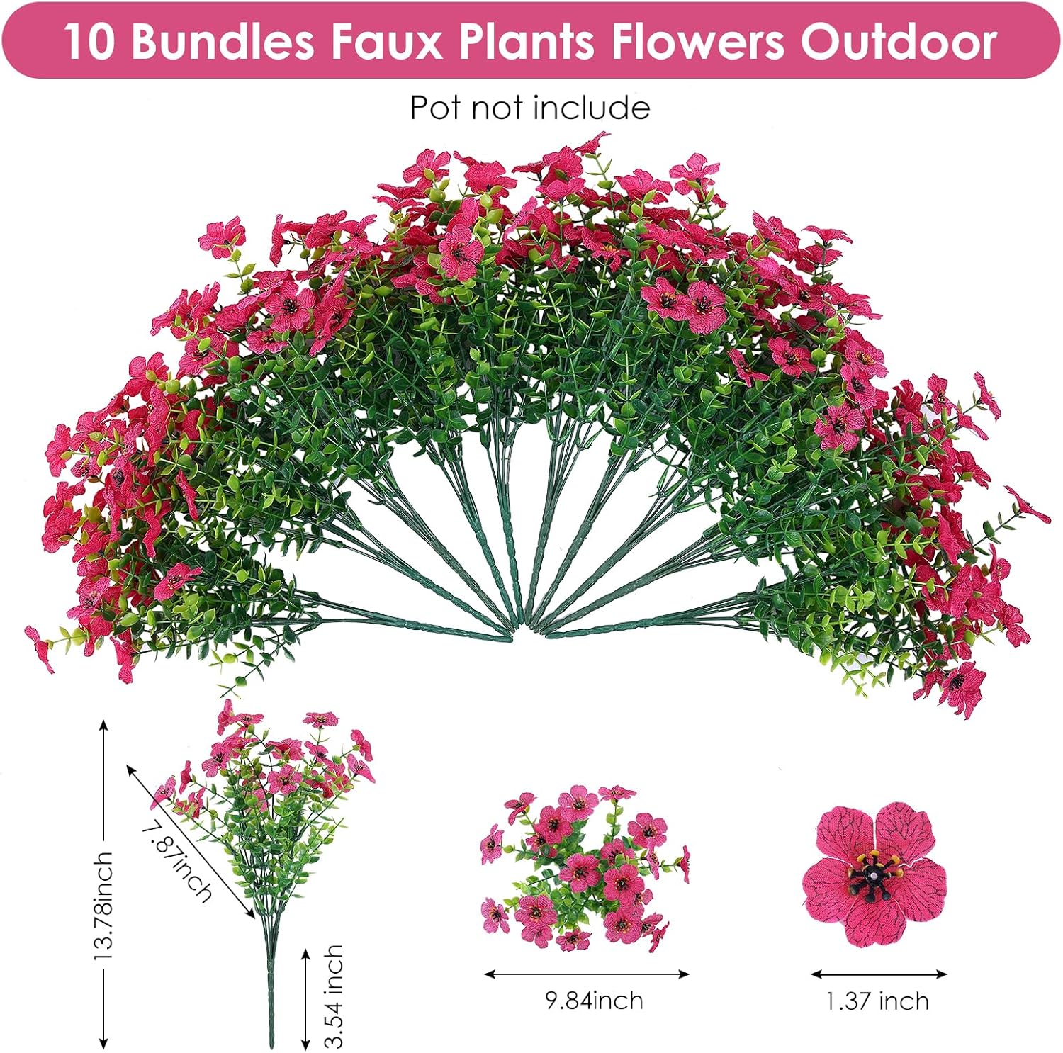 10 Bundles Artificial Faux Flowers for Outdoor,10Pcs Fake Flowers for Home Decor,Plastic Flowers Shrubs Lifelike Artificial Greenery Home Porch Stems Outside Decor(Rose Red)