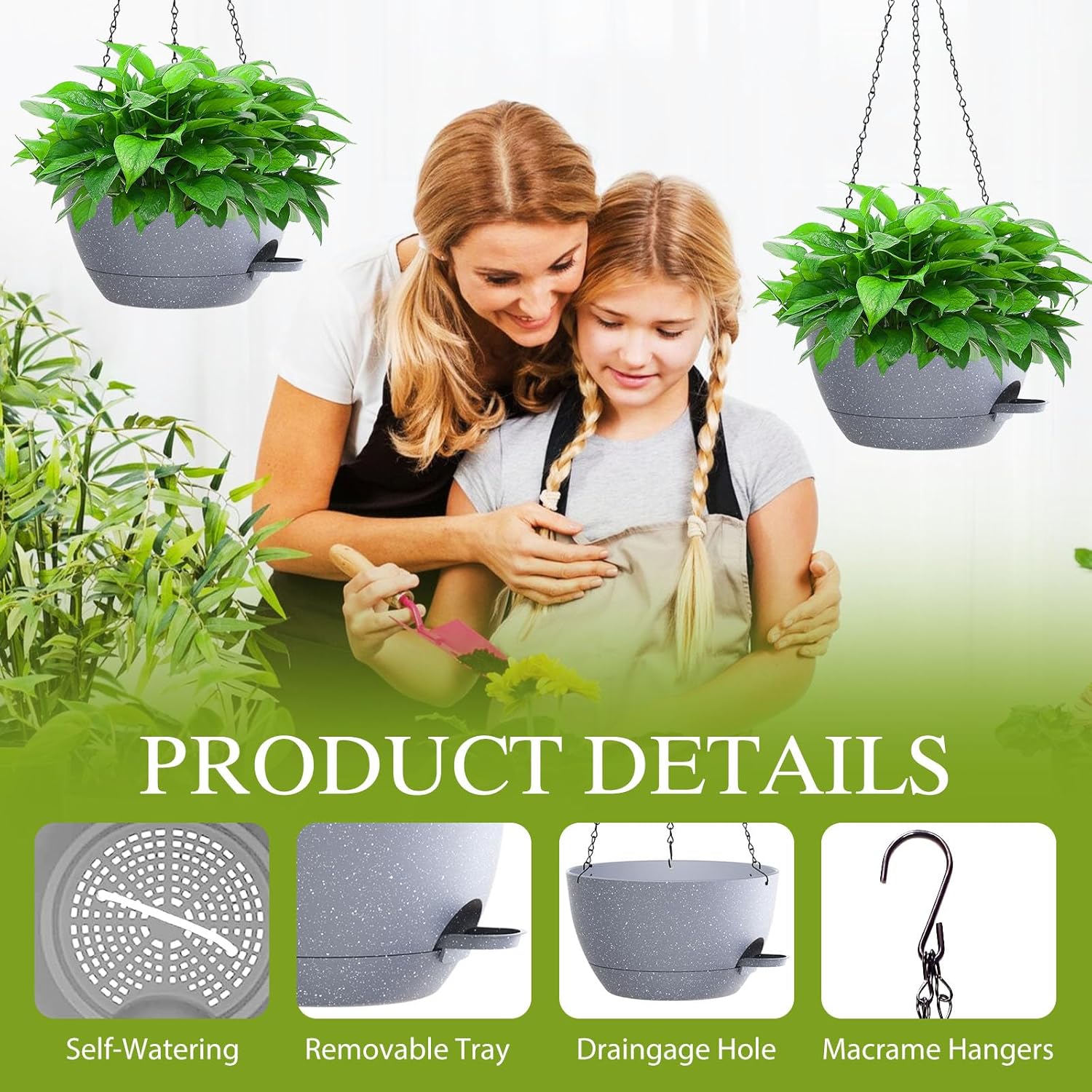 10 Inch Hanging Baskets 2 PC with Chains, Self-Watering Hanging Planters for Indoor Outdoor Plants, Plastic Hanging Flower Pots,Speckled Grey