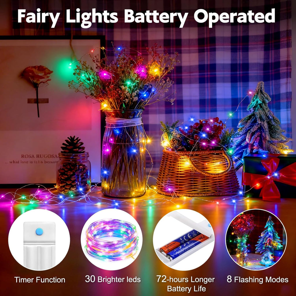 10 Pack Fairy Lights Battery Operated with Timer, 10 Ft 30 LED String Lights Indoor Outdoor, 8 Modes Waterproof Twinkle Lights for Bedroom Dorm DIY Crafts Party Wedding Christmas Decor, Multicolor