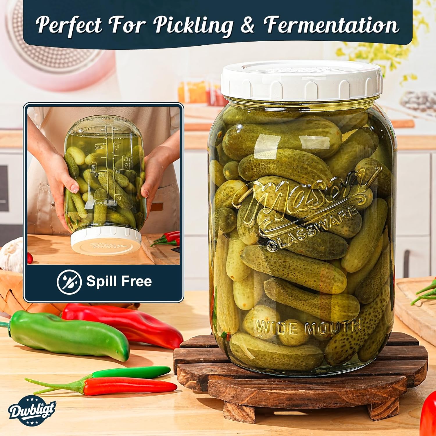 1 Gallon Glass Jar with Airtight Lid, Large Mason Jar Wide Mouth for Flour Sugar Food Storage Containers with Scale Mark(1 PCS), Canning Jars for Sun Tea, Kombucha, Cookie, Pickle, Fermenting