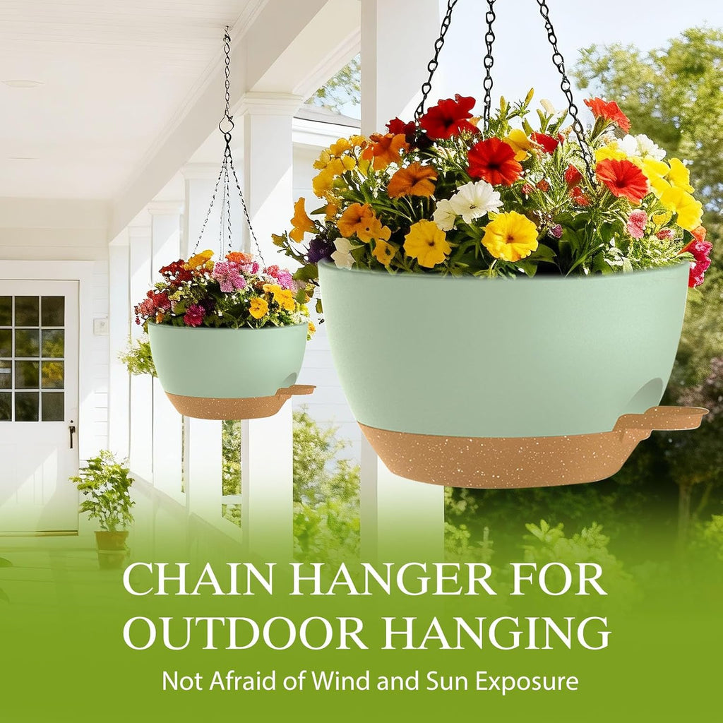 10 Inch Hanging Baskets 2 PC with Chains, Self-Watering Hanging Planters for Indoor Outdoor Plants, Plastic Hanging Flower Pots,Green Brown