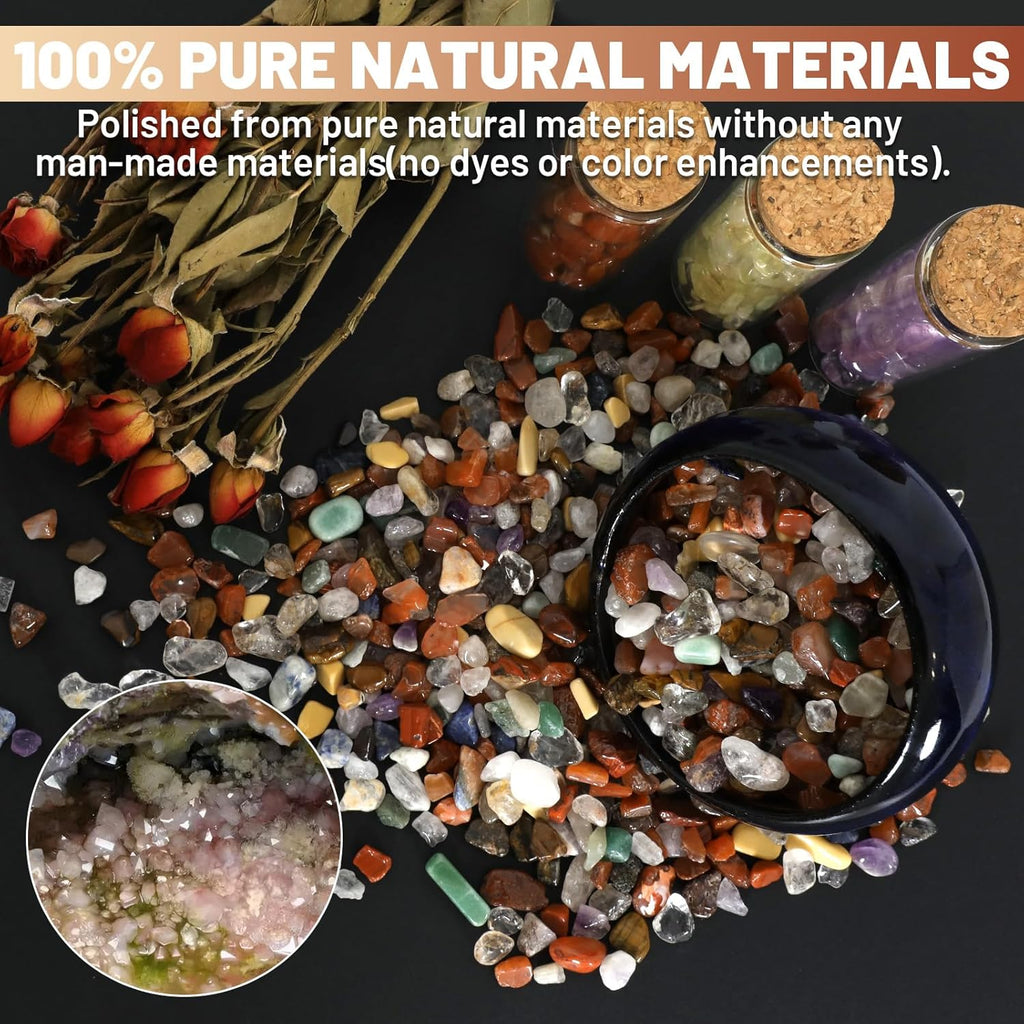 1.1lb Natural Mixed Crystal Chips Stones- Crushed Healing Crystal Gemstones for Witchcraft, Decorative Rocks for Aquarium Fish Tank, Vase Filler, DIY Crafts, Beautiful Package for Gift.