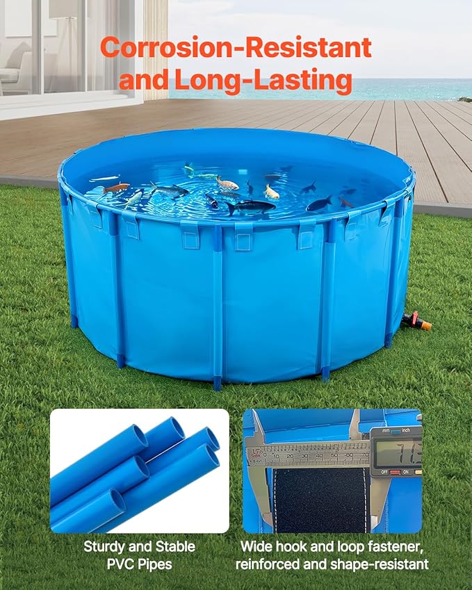 VEVOR Canvas Fish Pond, 1320 Gal Capacity Above Ground Fish Pond, Foldable PVC Koi Tank, Round Goldfish Tank with Stable Frame and Drain Valve, for Aquaculture, Koi Breeding, and Irrigation (Blue)