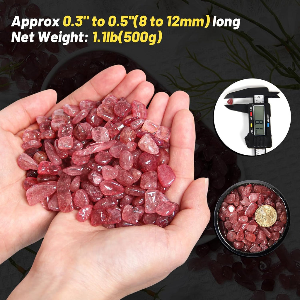1.1lb Natural Crushed Red Strawberry Quartz Crystal Tumbled Chips-Healing Crystals Chips Bulk, Crushed Crystal Gemstones for Crafts, Beautiful Package for Gift(Red Strawberry Quartz)