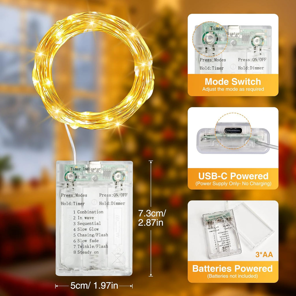 10 Pack 16FT 50 LED Fairy Lights Battery Operated with Timer, 8 Modes USB Mini Twinkle Light, Small String Lights for Christmas Tree Wreath Vase Bedroom DIY Party Decorations-Warm White