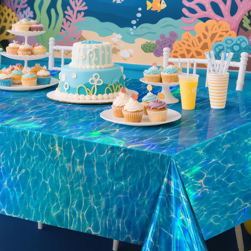 1 Pack Ocean Waves Holography Tablecloth, 54 x 108” Blue Sea Design, Waterproof Disposable Plastic Table Cover for Beach, Pool, Under The Sea, and Birthday Party Decorations
