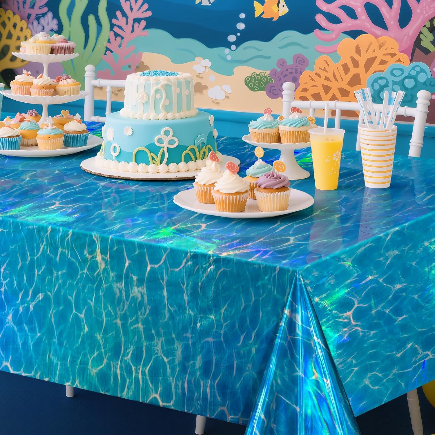 1 Pack Ocean Waves Holography Tablecloth, 54 x 108” Blue Sea Design, Waterproof Disposable Plastic Table Cover for Beach, Pool, Under The Sea, and Birthday Party Decorations