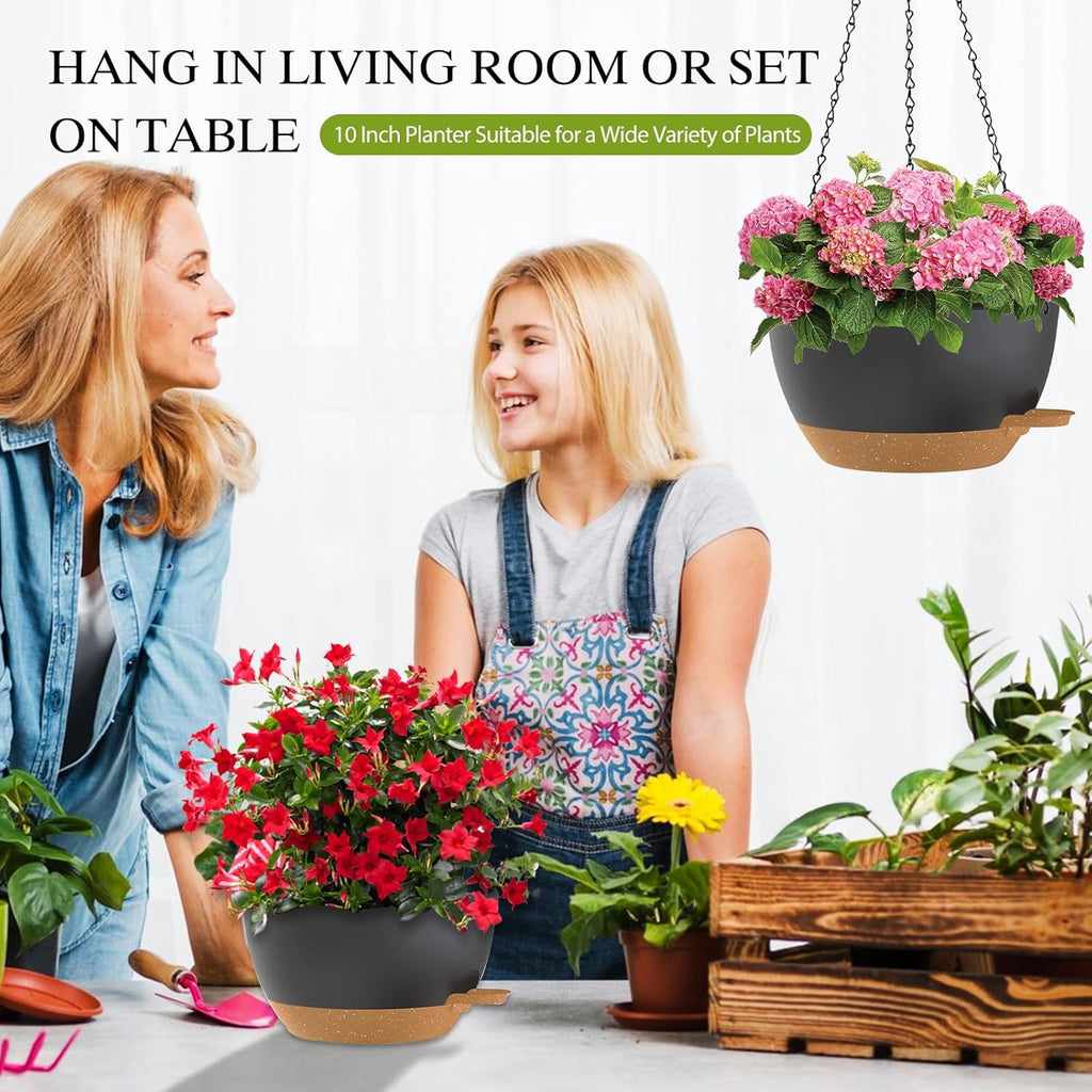 10 Inch Hanging Baskets 2 PC with Chains, Self-Watering Hanging Planters for Indoor Outdoor Plants, Plastic Hanging Flower Pots,Black Brown