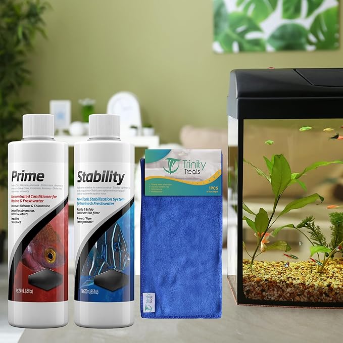 PRlME 250ml, STABlLlTY 250ml for Fresh and Marine Aquariums Including Trinity Treats Microfiber Cleaning Cloth(STABlLlTY Fish Tank Stabilizer, PRlME Water Conditioner)